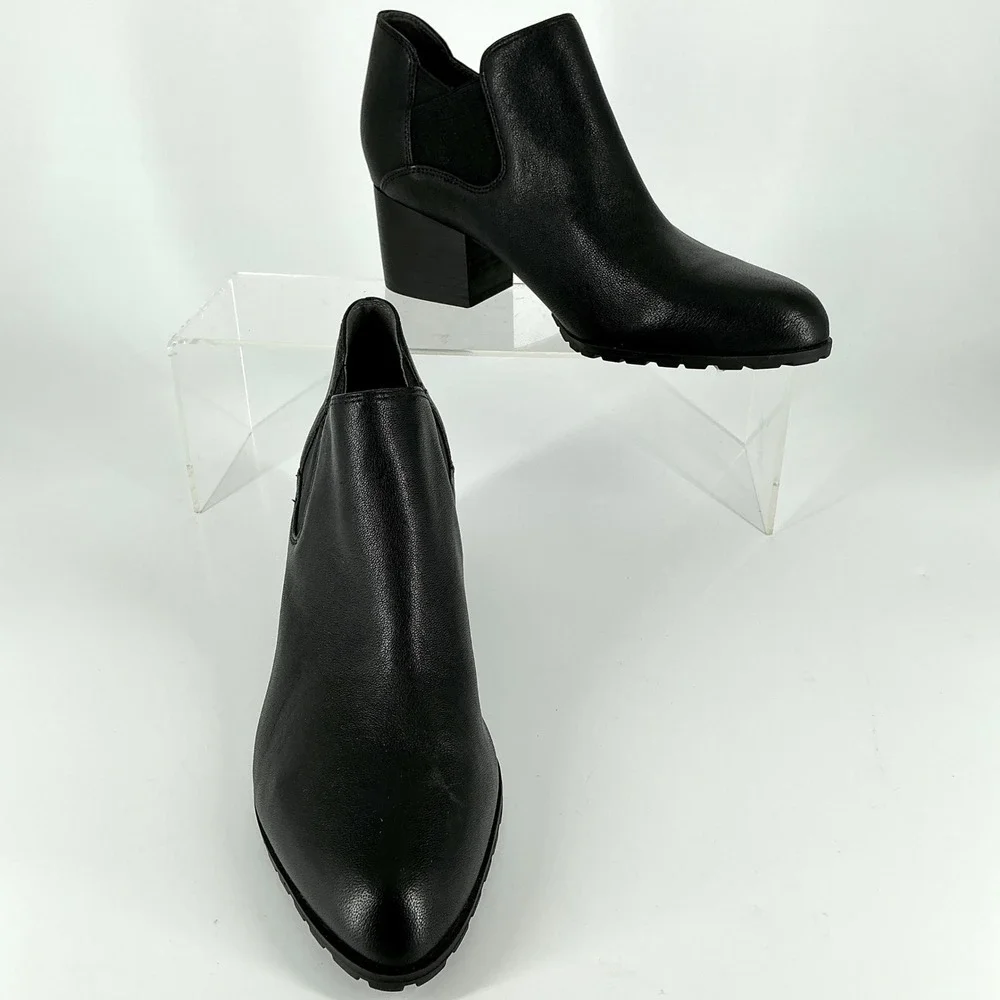 Vionic Size 8.5 Black‎ Leather Ankle Bootie Block Heel Lug Sole NEW Belmont $159